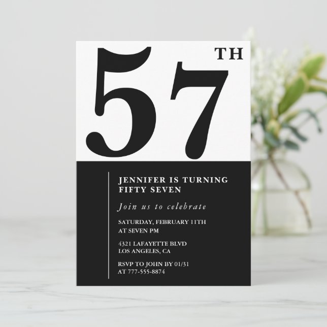 Woman Elegant 57th birthday invitation Black  (Standing Front)