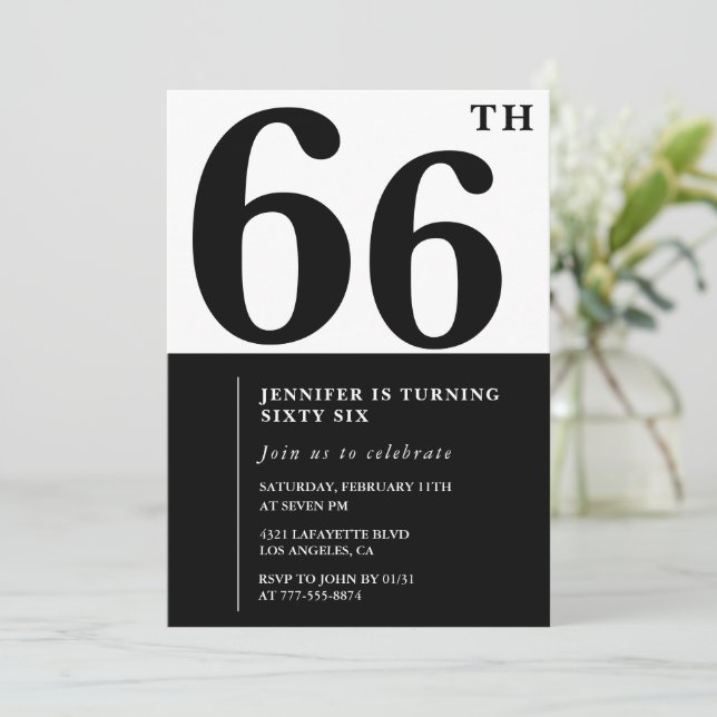Woman Elegant 66th birthday invitation Black  (Standing Front)