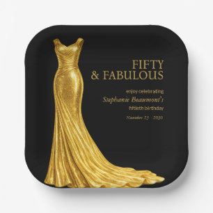 Woman Elegant Fabulous Golden Dress 50th Birthday Paper Plates