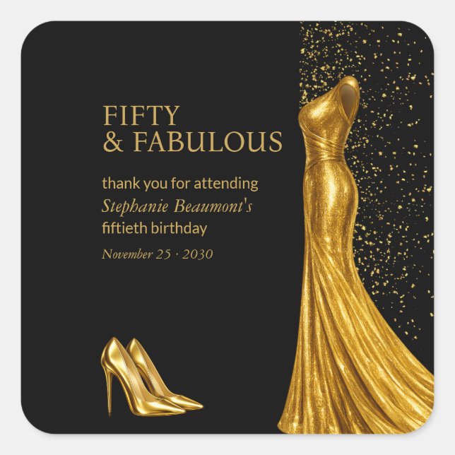 Woman Elegant Fabulous Golden Dress 50th Birthday Square Sticker (Front)