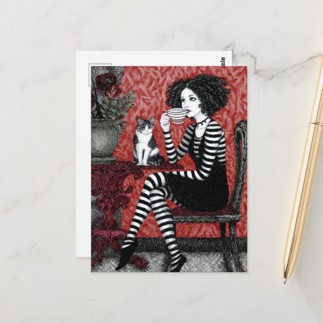 Woman Enjoys Coffee With a Cat Postcard (Front/Back In Situ)