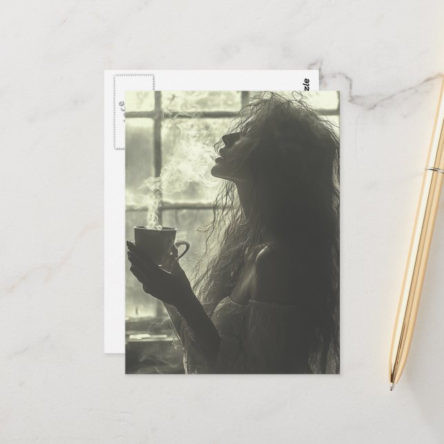 Woman Enjoys Steaming Tea Postcard (Front/Back In Situ)