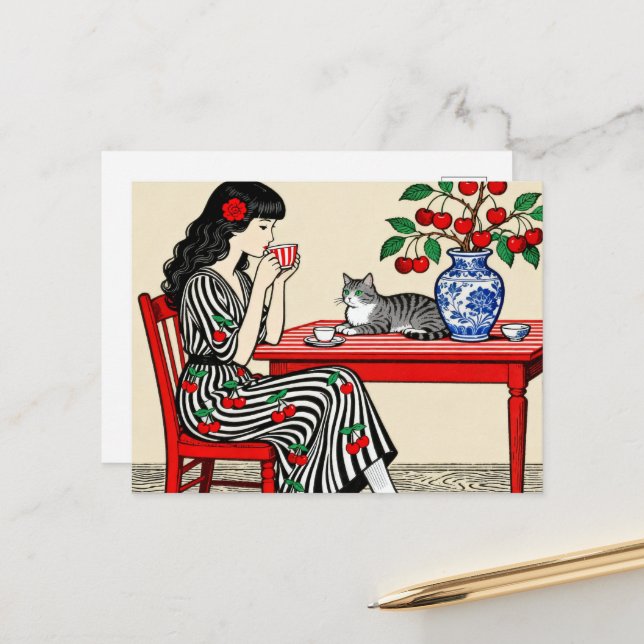 Woman Enjoys Tea With Her Cat in a Cherry Dress Postcard (Front/Back In Situ)
