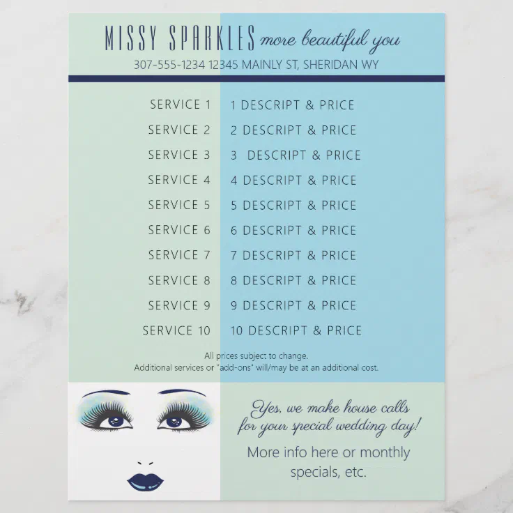 Woman eyes lips makeup artist salon price list letterhead | Zazzle