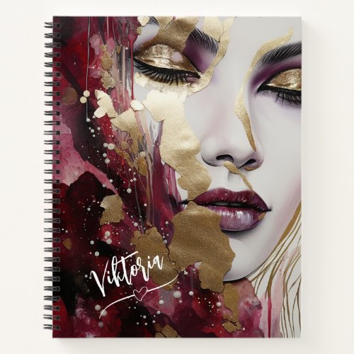 Woman Face Abstract Watercolor Bordo Gold Notebook