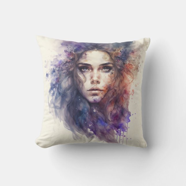 Woman Face Abstract Watercolor Throw Pillow (Front)