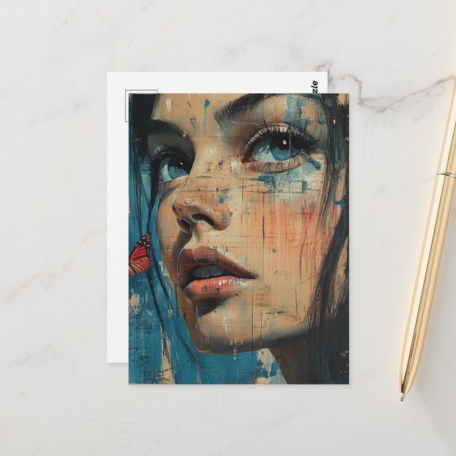 Woman Face Grunge Painting Postcard (Front/Back In Situ)