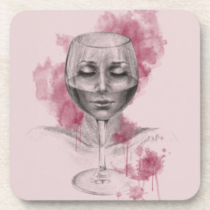 Woman face in wine glass surreal drawing art beverage coaster