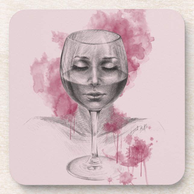 Woman face in wine glass surreal drawing art beverage coaster (Front)