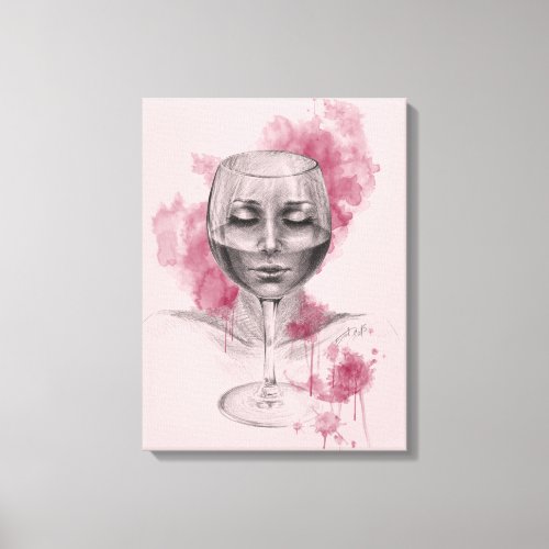 Woman face in wine glass surreal drawing art canvas print