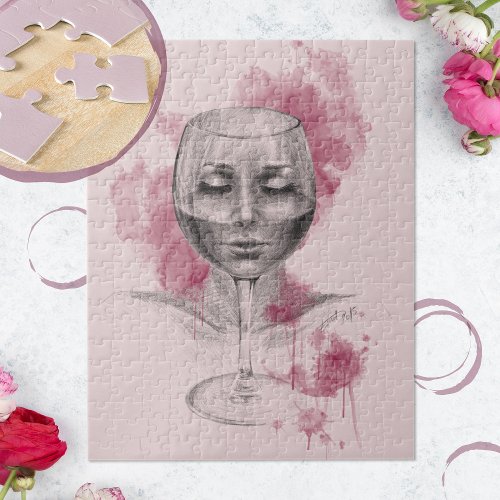 Woman face in Wine glass Surreal drawing Art Jigsaw Puzzle