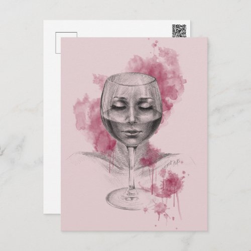 Woman face in wine glass surreal drawing art postcard