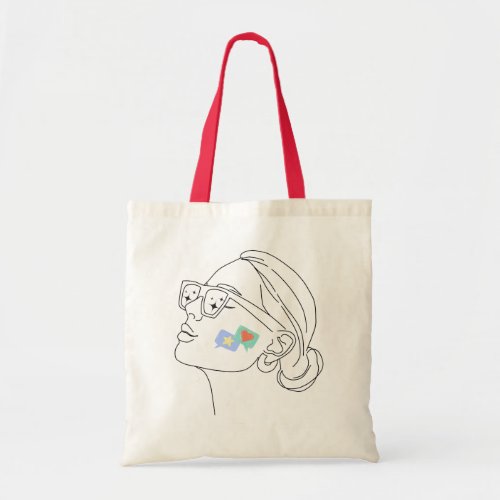 Woman face line art with sticker tote bag