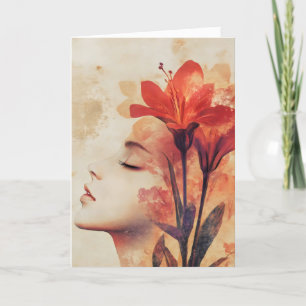 Woman Face Red Flowers Holiday Card