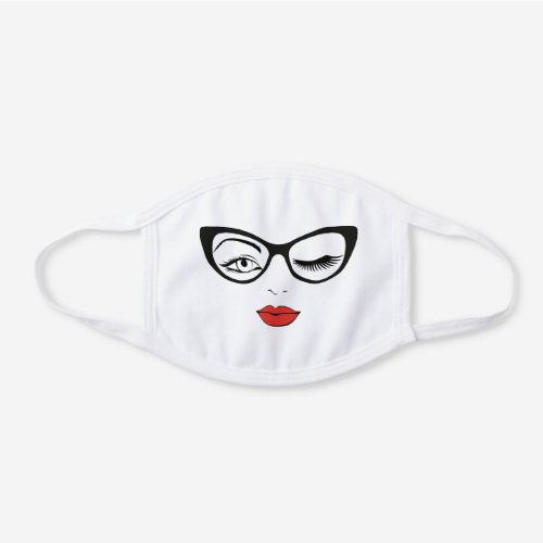 Woman Face Winking Girl in Glasses Eyelash White Cotton Face Mask