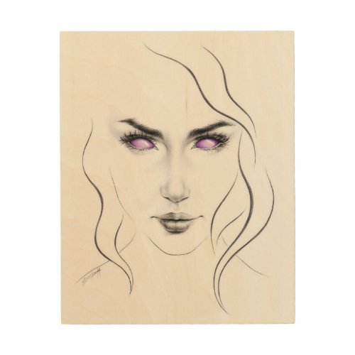 Woman face with strange purple eyes Minimalist Wood Wall Art