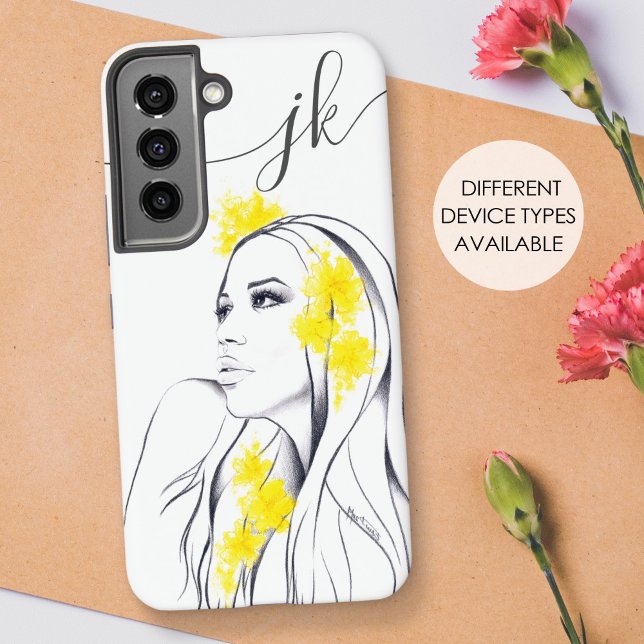 Woman Face Yellow Flowers Fashion Elegant Monogram Samsung Galaxy Case (Creator Uploaded)