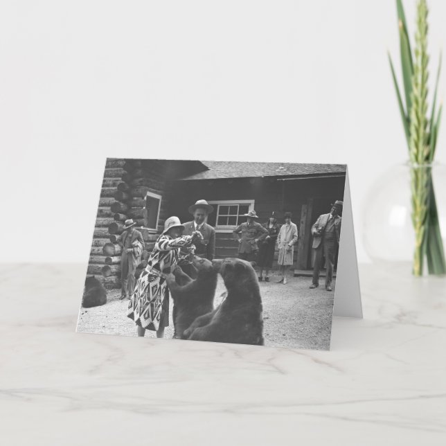 Woman feeding bears. card (Front)