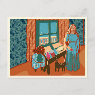 Woman feeding cat in beach house on a summer day postcard