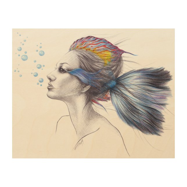 Woman fish Mermaid portrait Fantasy Surreal Wood Wall Art (Front)
