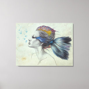 Woman fish Mermaid portrait Surreal drawing art Canvas Print
