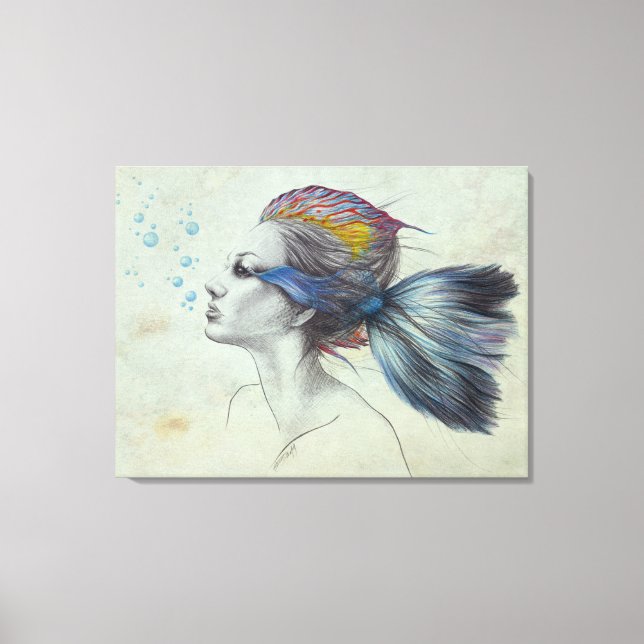Woman fish Mermaid portrait Surreal drawing art Canvas Print (Front)