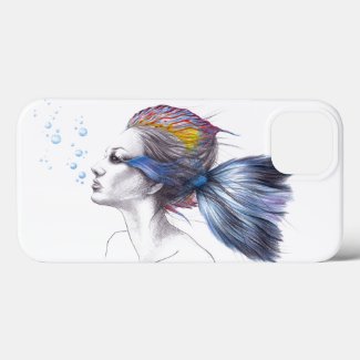 Woman fish Mermaid portrait Surreal drawing art
