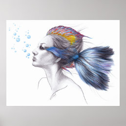 Woman fish Mermaid portrait Surreal drawing art Poster