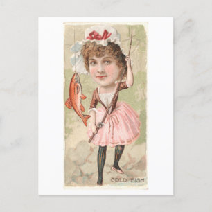 Woman Fishing for Goldfish Vintage Oddity Postcard