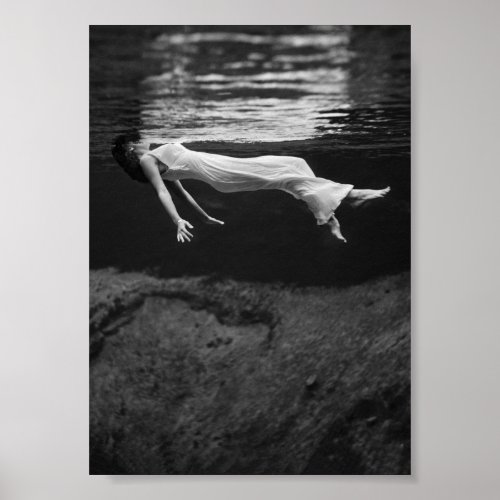 Woman Floating Underwater Black and White Vintage Poster