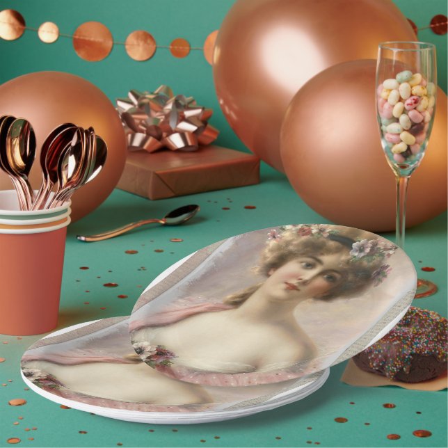 Woman Floral Vintage Hair  Paper Plates (Multi)
