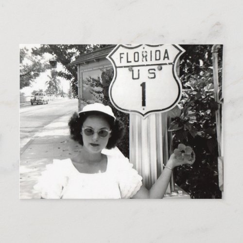 Woman Florida Rte 1 Road Sign Vintage Postcard