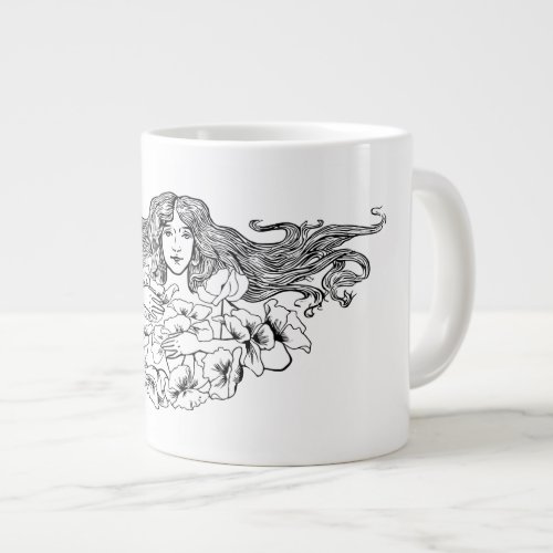 woman_flowers_line_art_floral giant coffee mug