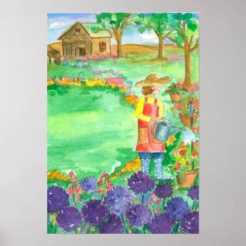 Woman Gardening Allium Watercolor Flowers Poster