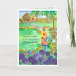 Woman Gardening Alliums Happy Birthday Friend Card<br><div class="desc">A Happy Birthday card for a gardening friend featuring a woman in a bright red apron watering her summer garden flowers with big purple allium flowers in full bloom.</div>