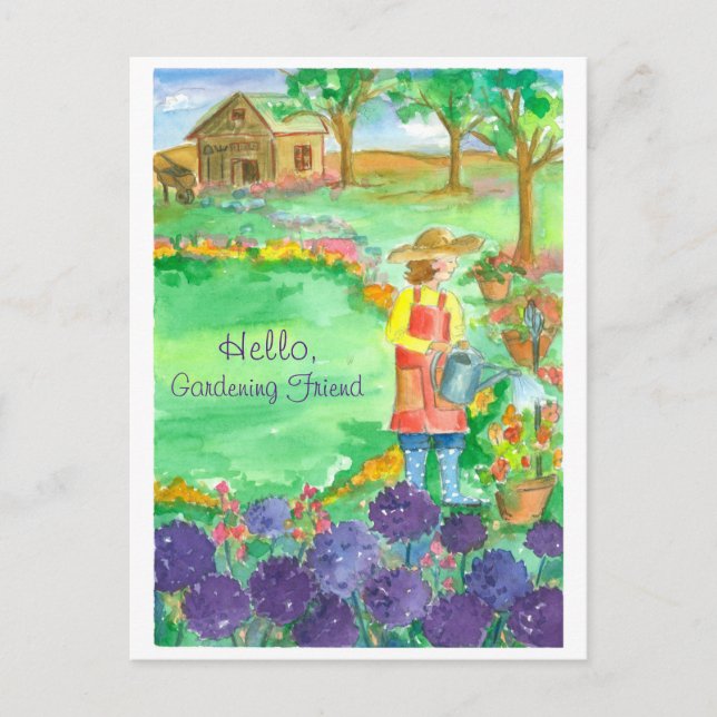 Woman Gardening Alliums Hello Gardening Friend Postcard (Front)