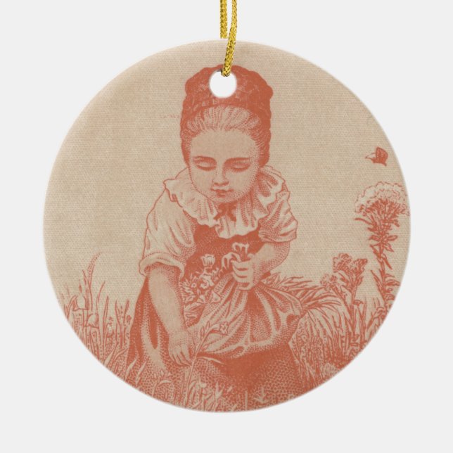 Woman Gathering Flowers Ephemera Ceramic Ornament (Front)