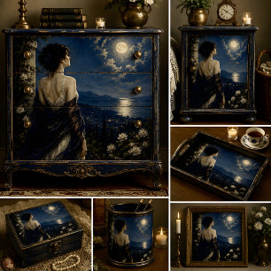 Woman Gazing At Full Moon Over Ocean Tissue Paper