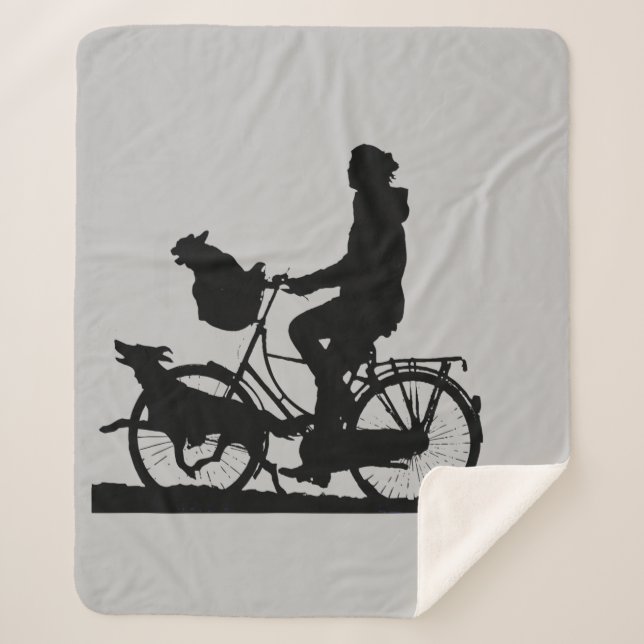 Woman Girl Biking with Dogs Fun Bike Art Sherpa Blanket (Front)