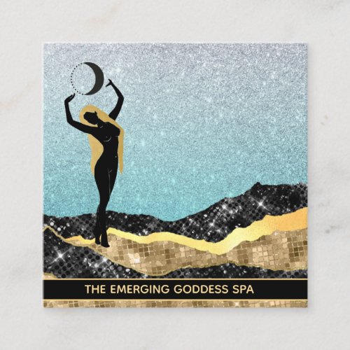  Woman Goddess Ombre Blue Pastel Glitter Moon Square Business Card