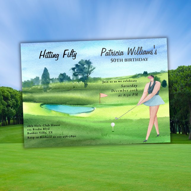 Woman Golf Player Hitting Fifty 50th Birthday Invitation (Creator Uploaded)