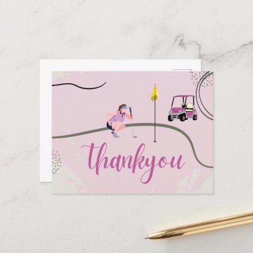 Woman Golfer and Golf Cart Thank you Pink theme Postcard