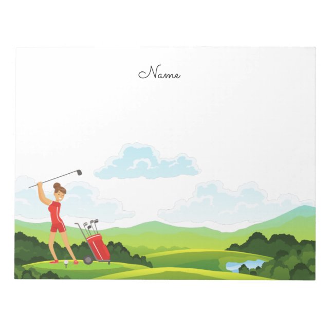 Woman golfer in red golfing on green    notepad (Front)