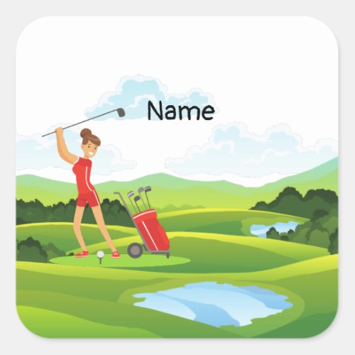 Woman golfer in red golfing on green    square sticker