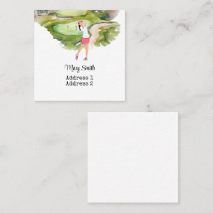 Woman Golfer is golfing on golf course watercolor Square Business Card