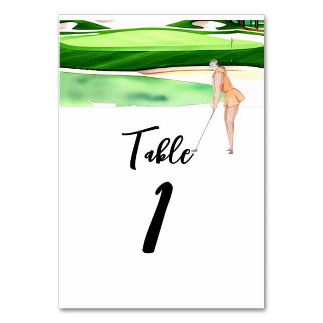 Woman Golfer is golfing on green  table number (Front)