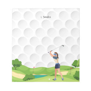 Woman golfer is golfing on the course notepad