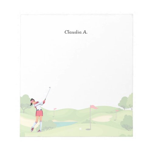 Woman golfer is golfing on the course  notepad