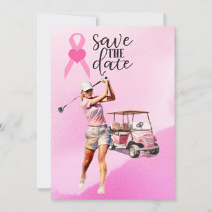 Woman golfer  pink golf cart on pink Breast Cancer Invitation