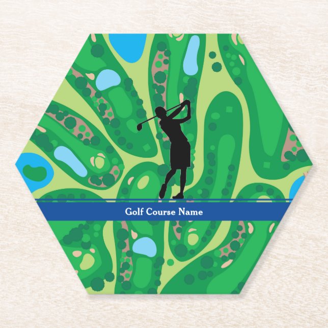 Woman Golfer Silhouette Golf Course Paper Coaster (Front)